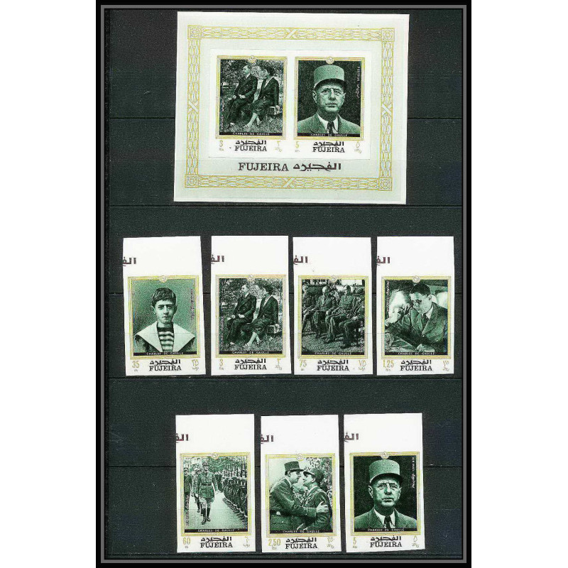 263 - Fujeira MNH ** Mi N°424/430 B + bloc 19 B De gaulle roosevelt leclerc Non dentelé imperf