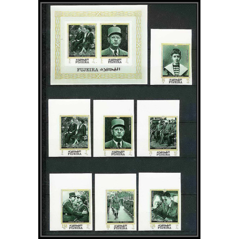 263a - Fujeira MNH ** Mi N°424/430 B bloc 19 B De gaulle roosevelt leclerc Non dentelé imperf coin de feuille
