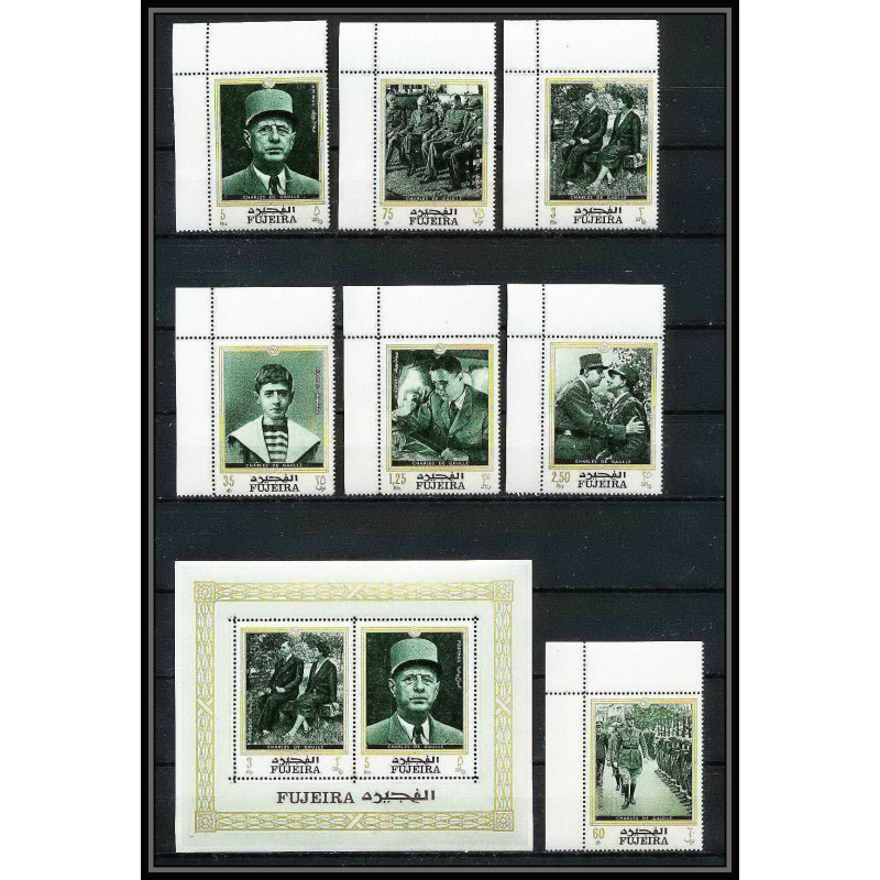 264a - Fujeira MNH ** Mi N°424/430 A + bloc 19 A De gaulle roosevelt leclerc churchill coin de feuille