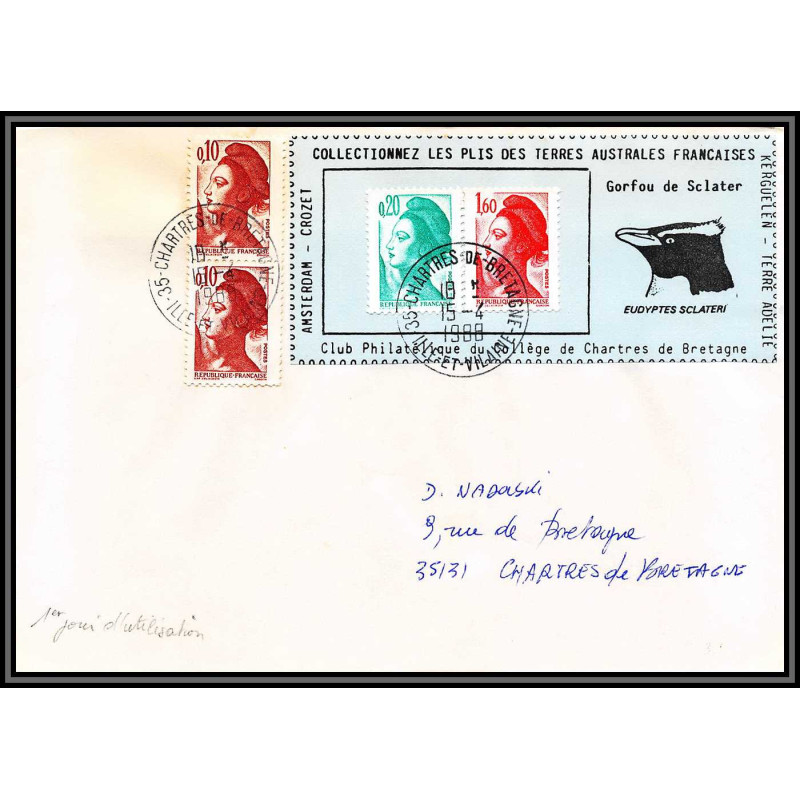 71548 porte timbre 1988 gorfou sclater oiseaux birds collectionnez les plis des terres australes taaf lettre cover