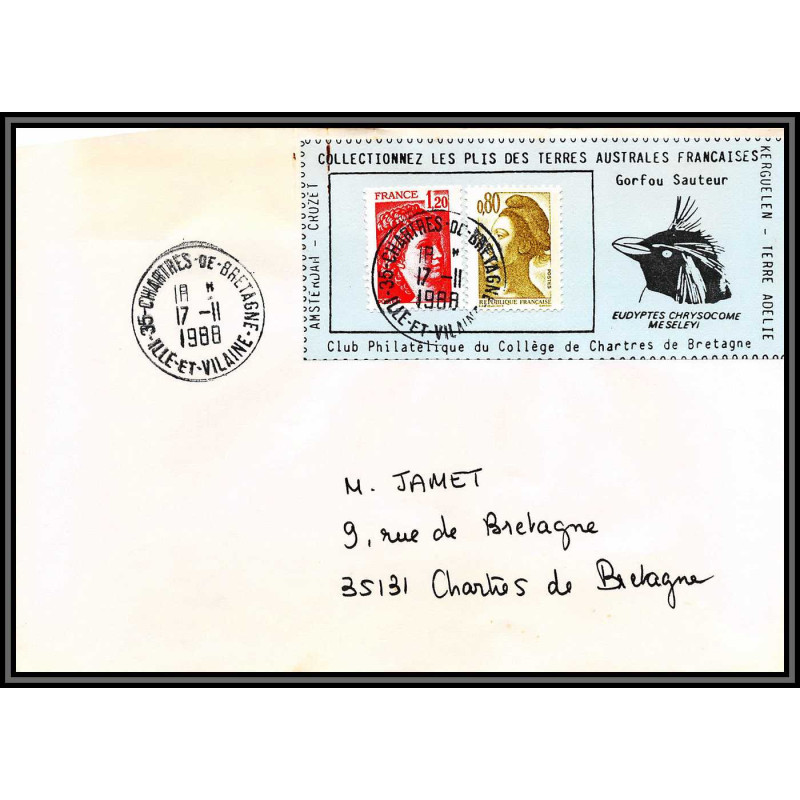 71552 porte timbre 1988 gorfou sauteur oiseaux birds collectionnez les plis des terres australes taaf lettre cover