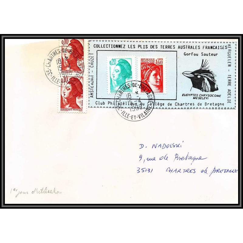 71553 porte timbre 1988 gorfou sauteur oiseaux birds collectionnez les plis des terres australes taaf lettre cover