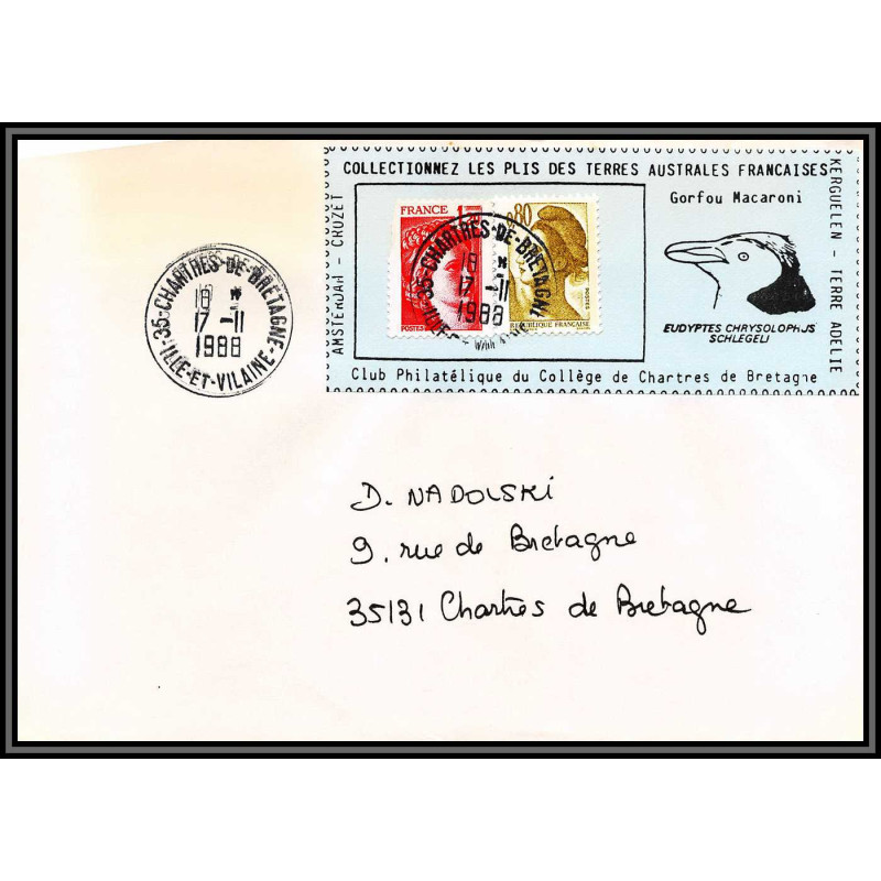71555 porte timbre 1988 gorfou macaroni oiseaux birds collectionnez les plis des terres australes taaf lettre cover