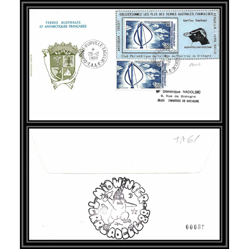 71556 porte timbre 1988 gorfou sauteur oiseaux birds collectionnez les plis des terres australes taaf lettre cover