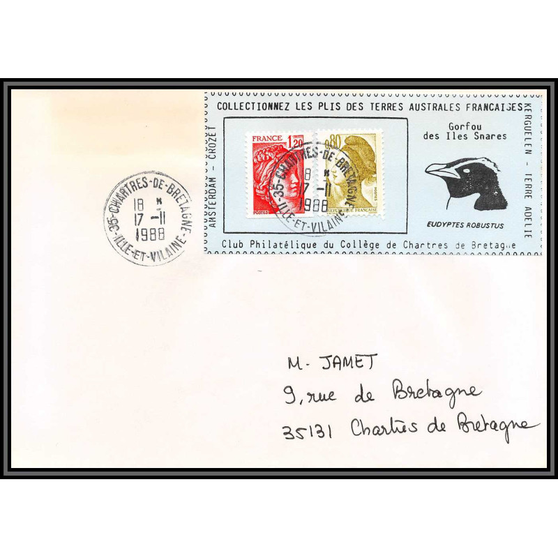 71565 porte timbre 1988 gorfou snares oiseaux birds collectionnez les plis des terres australes taaf lettre cover France