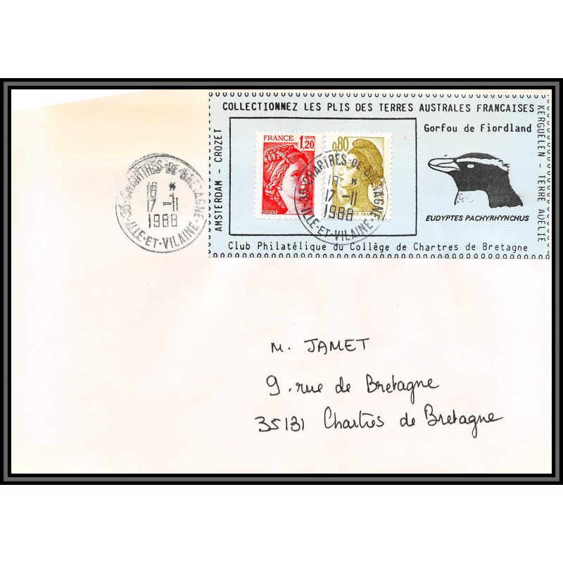 71569 porte timbre 1988 gorfou fiorland oiseaux birds collectionnez les plis des terres australes taaf lettre cover