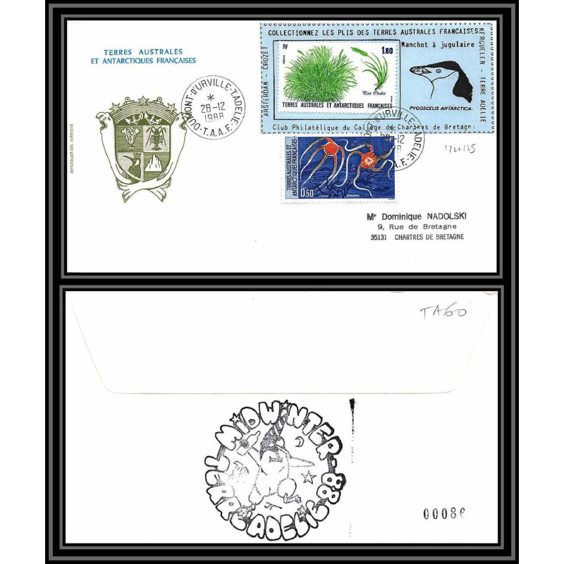 71570 porte timbre 1988 manchot jugulaire oiseaux birds collectionnez les plis des terres australes taaf lettre cover