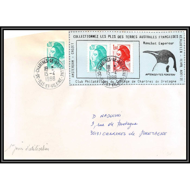 71578 porte timbre 1988 manchot empereur oiseaux birds collectionnez les plis des terres australes taaf lettre cover