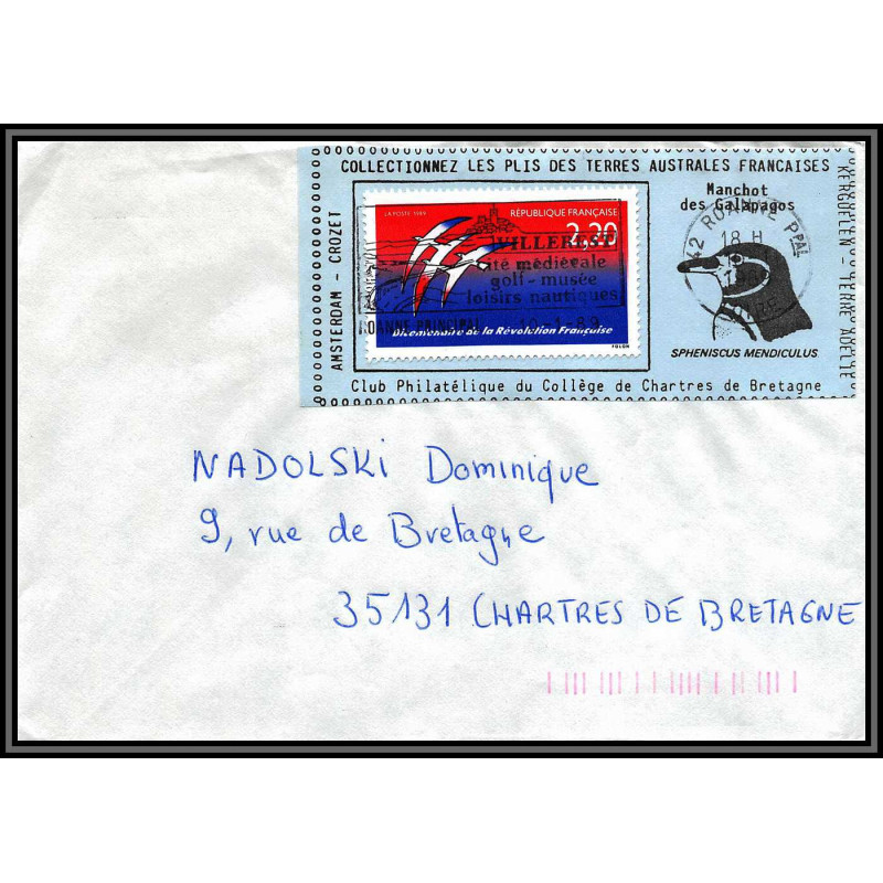 71580 porte timbre 1988 manchot galapagos oiseaux birds collectionnez les plis des terres australes taaf lettre cover