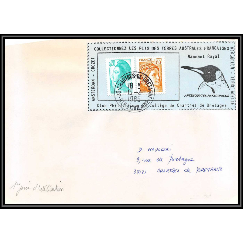 71583 porte timbre 1988 manchot royal oiseaux birds collectionnez les plis des terres australes taaf lettre cover France