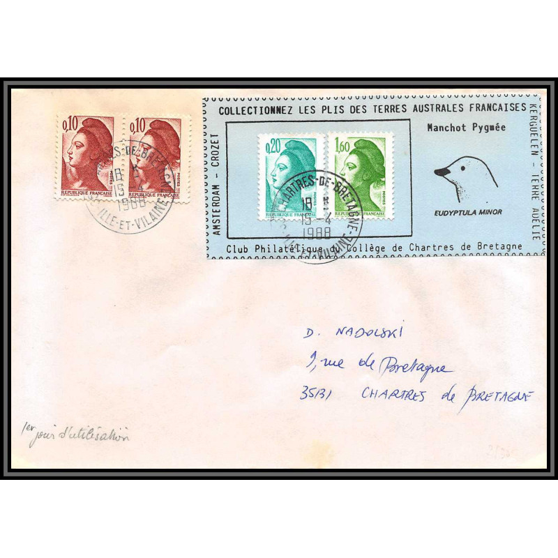 71587 porte timbre 1988 manchot pygmée oiseaux birds collectionnez les plis des terres australes taaf lettre cover