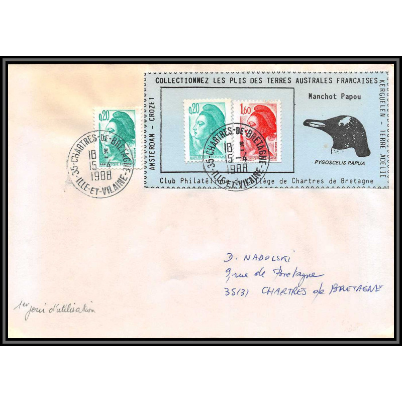 71590 porte timbre 1988 manchot papou oiseaux birds collectionnez les plis des terres australes taaf lettre cover France