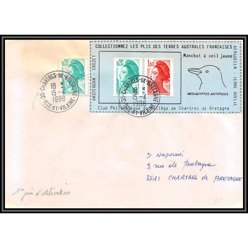 71593 porte timbre 1988 manchot oeuil jaune oiseaux birds collectionnez les plis des terres australes taaf lettre cover