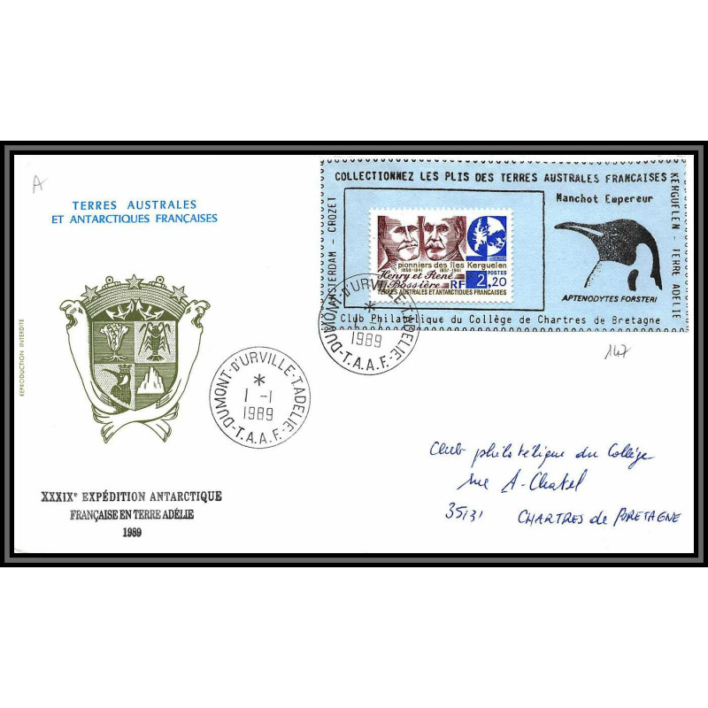 71594 porte timbre 1988 manchot empereur oiseaux birds collectionnez les plis des terres australes taaf lettre cover