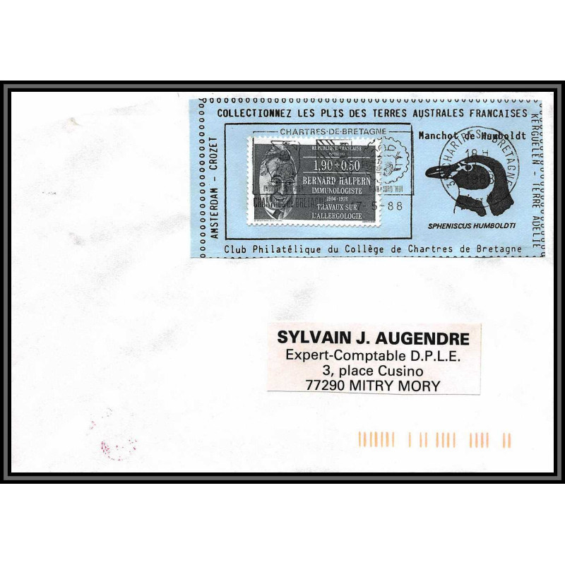 71595 porte timbre 1988 manchot humboldt oiseaux birds collectionnez les plis des terres australes taaf lettre cover