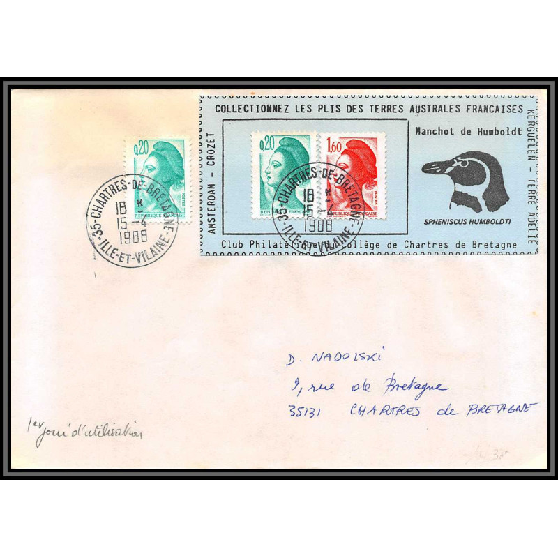 71596 porte timbre 1988 manchot humboldt oiseaux birds collectionnez les plis des terres australes taaf lettre cover