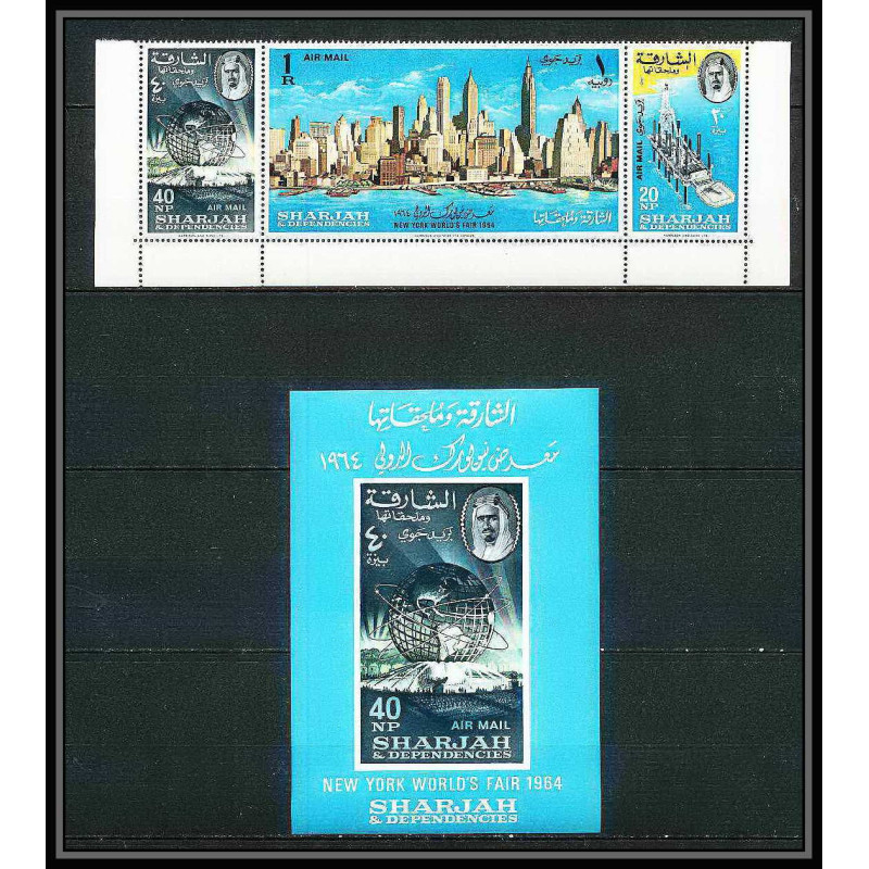 270d sharjah MNH ** Mi N°87/89 A + bloc 8 world exhibition expo 1964 statue de la liberté liberty new york pretrol