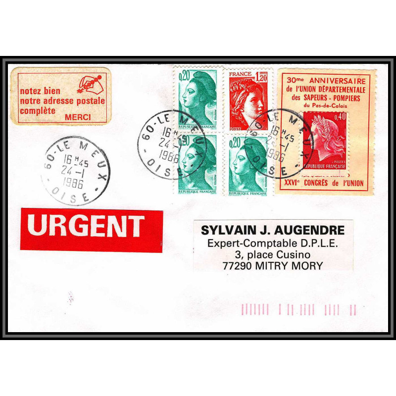 72423 porte timbre le meux oise 1986 pompiers firemen cheffer lettre cover France
