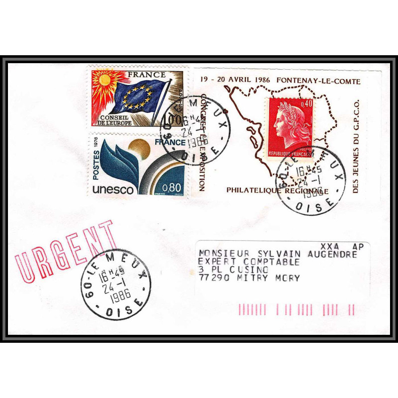 72476 porte timbre le meux oise 1986 fontenay le comte cheffer lettre cover France