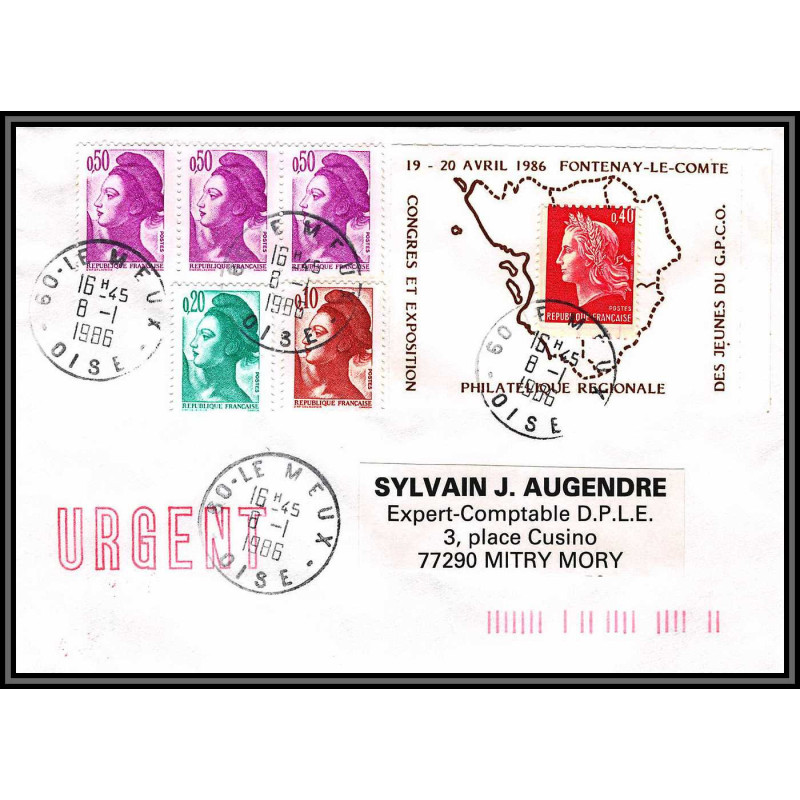 72477 porte timbre le meux oise 1986 fontenay le comte cheffer lettre cover France