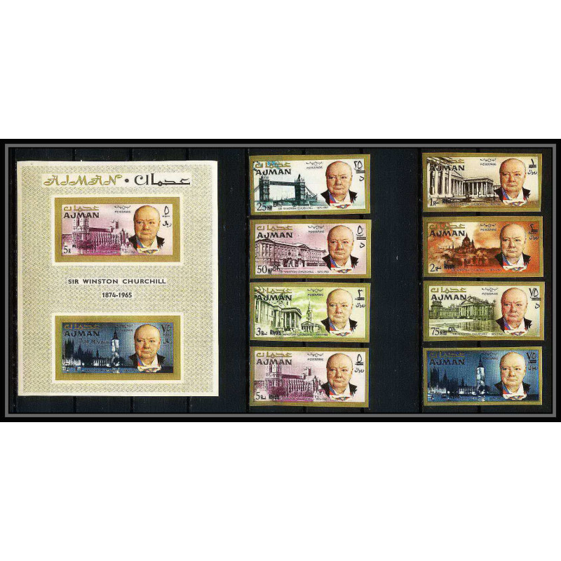 348c - Ajman MNH ** Mi N°117/124 B + bloc 10 B winston churchill overprint Non dentelé imperf