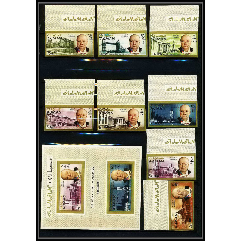 348d - Ajman MNH ** Mi N°117/124 B + bloc 10 B winston churchill overprint Non dentelé imperf