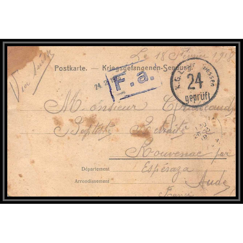 7003/ carte de Prisonnier de Guerre (War) 1914/1918 Kriegsgefangenen giessen pour Rouvenac Aude 1918 