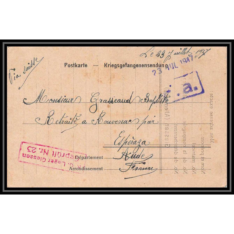 7004/ carte de Prisonnier de Guerre (War) 1914/1918 Kriegsgefangenen giessen pour Rouvenac Aude 1917 