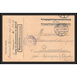 7005/ carte de Prisonnier de Guerre (War) 1914/1918 Kriegsgefangenen mannheim pour Rouvenac Aude 1917 