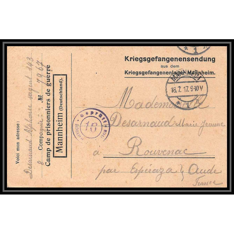 7005/ carte de Prisonnier de Guerre (War) 1914/1918 Kriegsgefangenen mannheim pour Rouvenac Aude 1917 