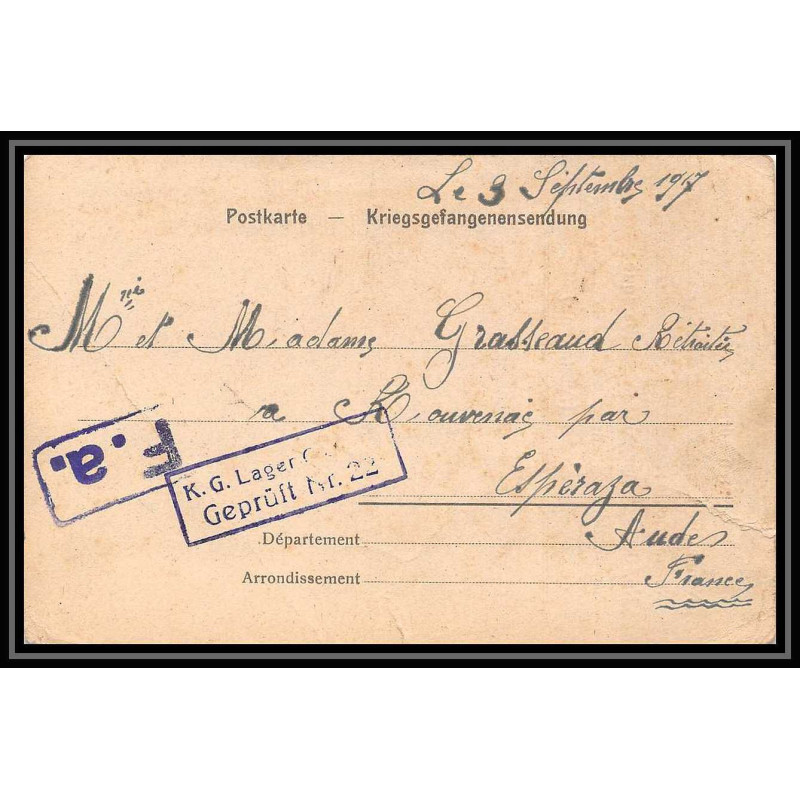 7007/ carte de Prisonnier de Guerre (War) 1914/1918 Kriegsgefangenen giessen pour Rouvenac Aude 1917 