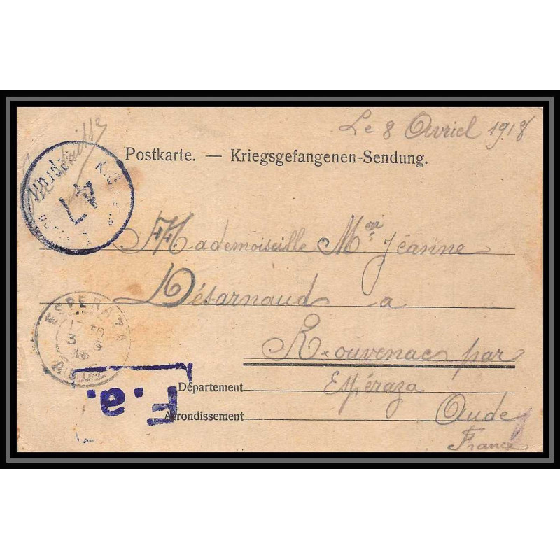 7009/ carte de Prisonnier de Guerre (War) 1914/1918 Kriegsgefangenen giessen pour Rouvenac Aude 1918 