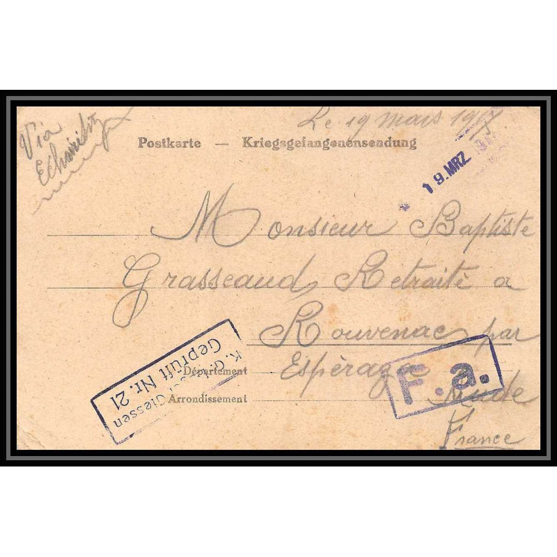 7012/ carte de Prisonnier de Guerre (War) 1914/1918 Kriegsgefangenen giessen pour Rouvenac Aude 1917 