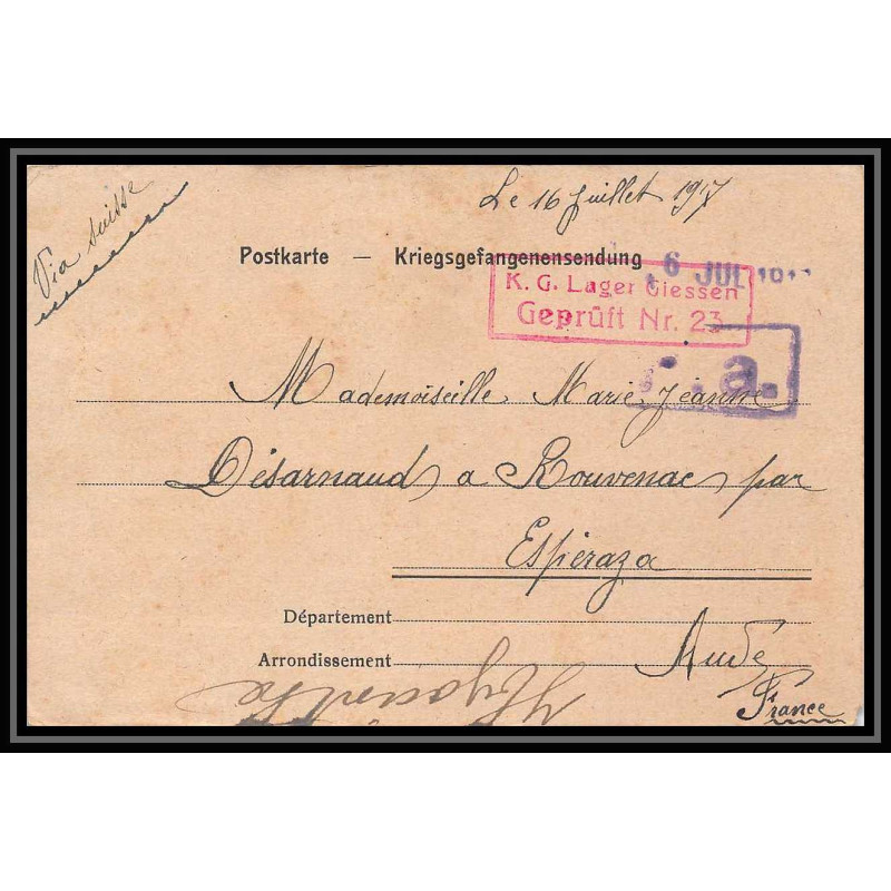 7014/ carte de Prisonnier de Guerre (War) 1914/1918 Kriegsgefangenen giessen pour Rouvenac Aude 1917 