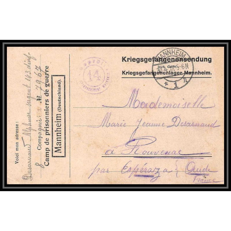 7015/ carte de Prisonnier de Guerre (War) 1914/1918 Kriegsgefangenen mannheim pour Rouvenac Aude 1917 