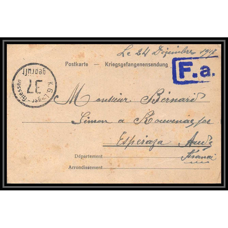 7016/ carte de Prisonnier de Guerre (War) 1914/1918 Kriegsgefangenen giessen pour Rouvenac Aude 1917 