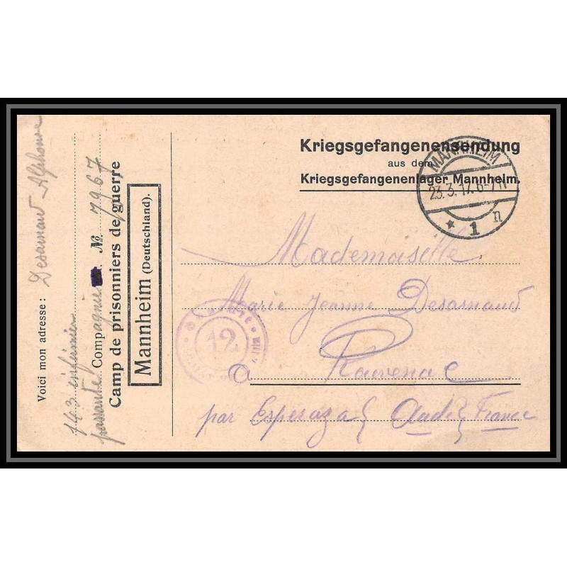 7018/ carte de Prisonnier de Guerre (War) 1914/1918 Kriegsgefangenen mannheim pour Rouvenac Aude 1917 