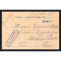7019/ carte de Prisonnier de Guerre (War) 1914/1918 Kriegsgefangenen giessen pour Rouvenac Aude 1917 