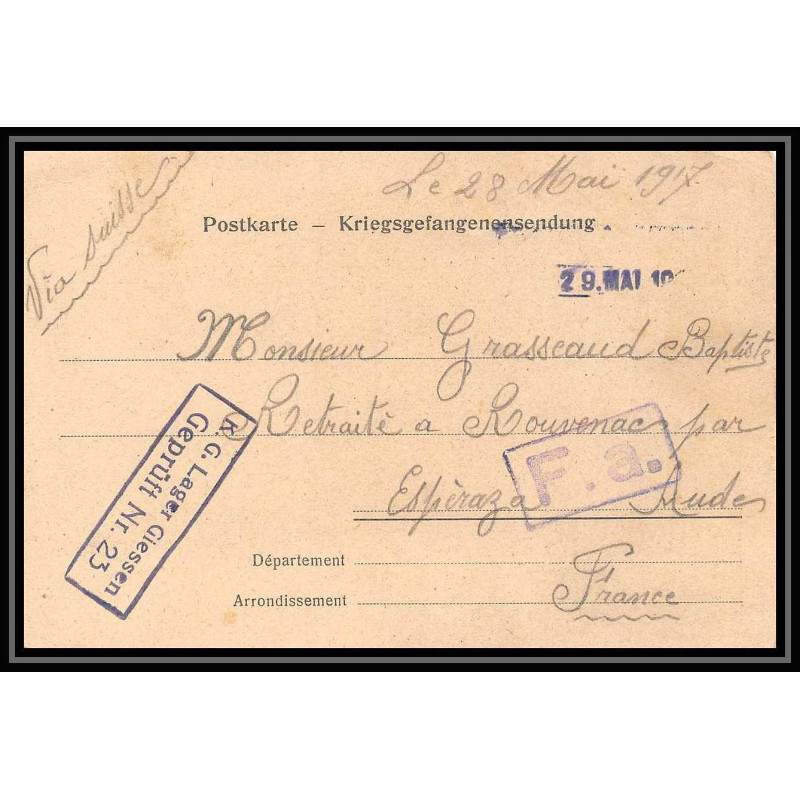 7019/ carte de Prisonnier de Guerre (War) 1914/1918 Kriegsgefangenen giessen pour Rouvenac Aude 1917 