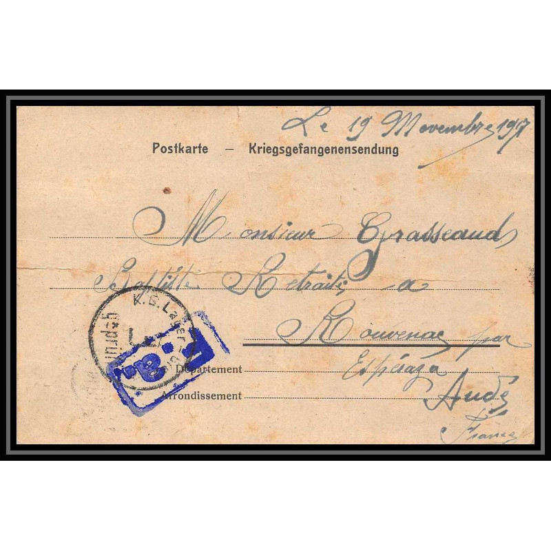 7020/ carte de Prisonnier de Guerre (War) 1914/1918 Kriegsgefangenen giessen pour Rouvenac Aude 1917 