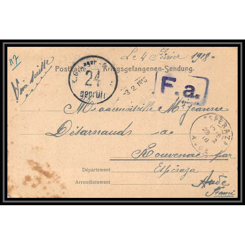 7021/ carte de Prisonnier de Guerre (War) 1914/1918 Kriegsgefangenen giessen pour Rouvenac Aude 1917 