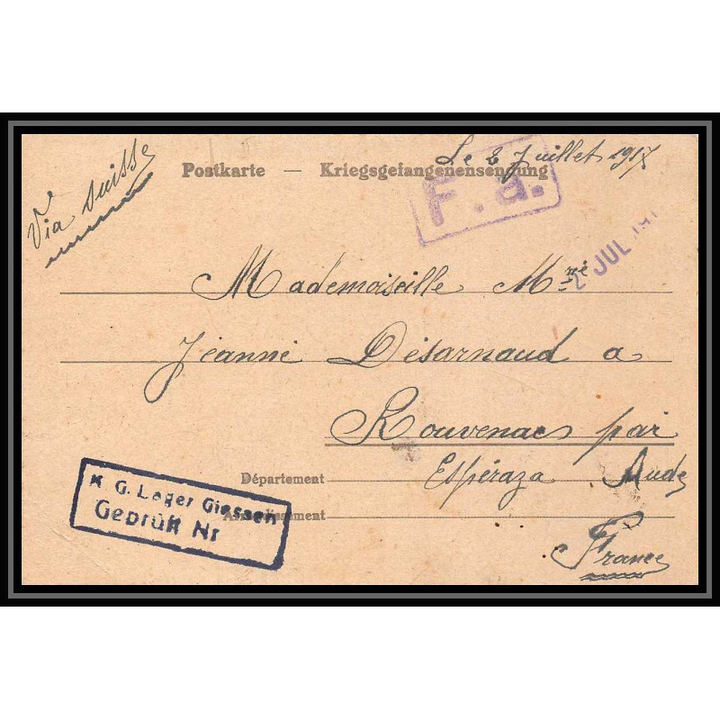 7022/ carte de Prisonnier de Guerre (War) 1914/1918 Kriegsgefangenen giessen pour Rouvenac Aude 1917 