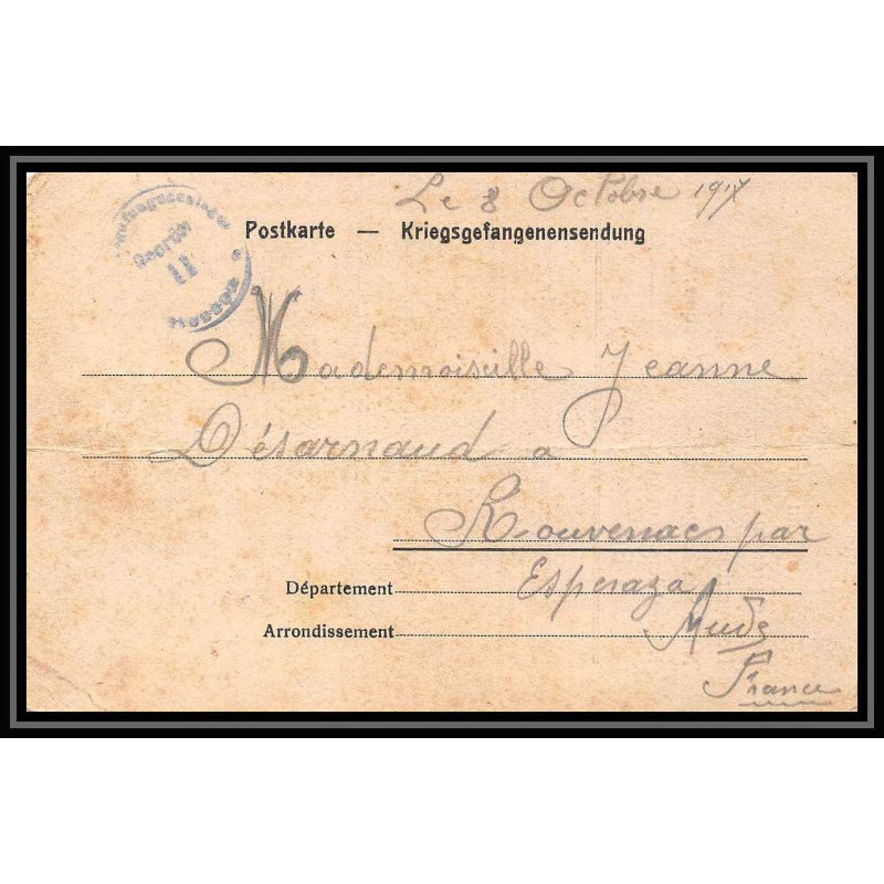 7024/ carte de Prisonnier de Guerre (War) 1914/1918 Kriegsgefangenen giessen pour Rouvenac Aude 1917 