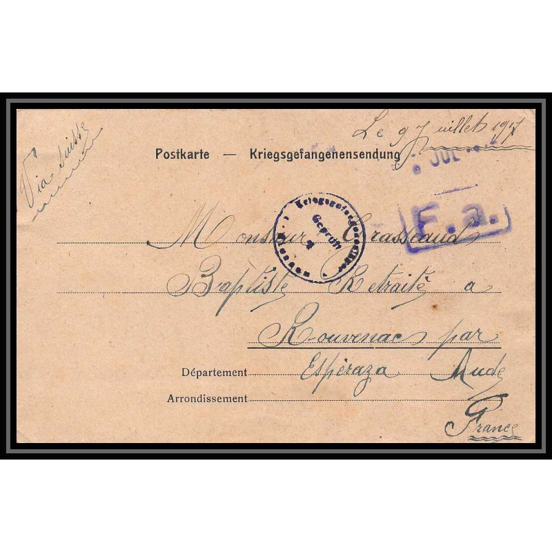 7030/ carte de Prisonnier de Guerre (War) 1914/1918 Kriegsgefangenen giessen pour Rouvenac Aude 1917 