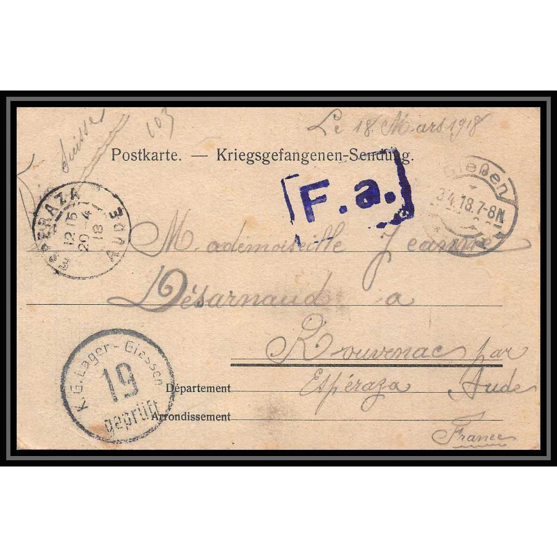 7031/ carte de Prisonnier de Guerre (War) 1914/1918 Kriegsgefangenen gieben pour Rouvenac Aude 1918 