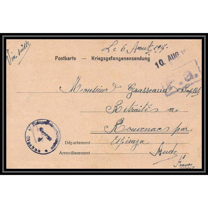 7032/ carte de Prisonnier de Guerre (War) 1914/1918 Kriegsgefangenen giessen pour Rouvenac Aude 1917 