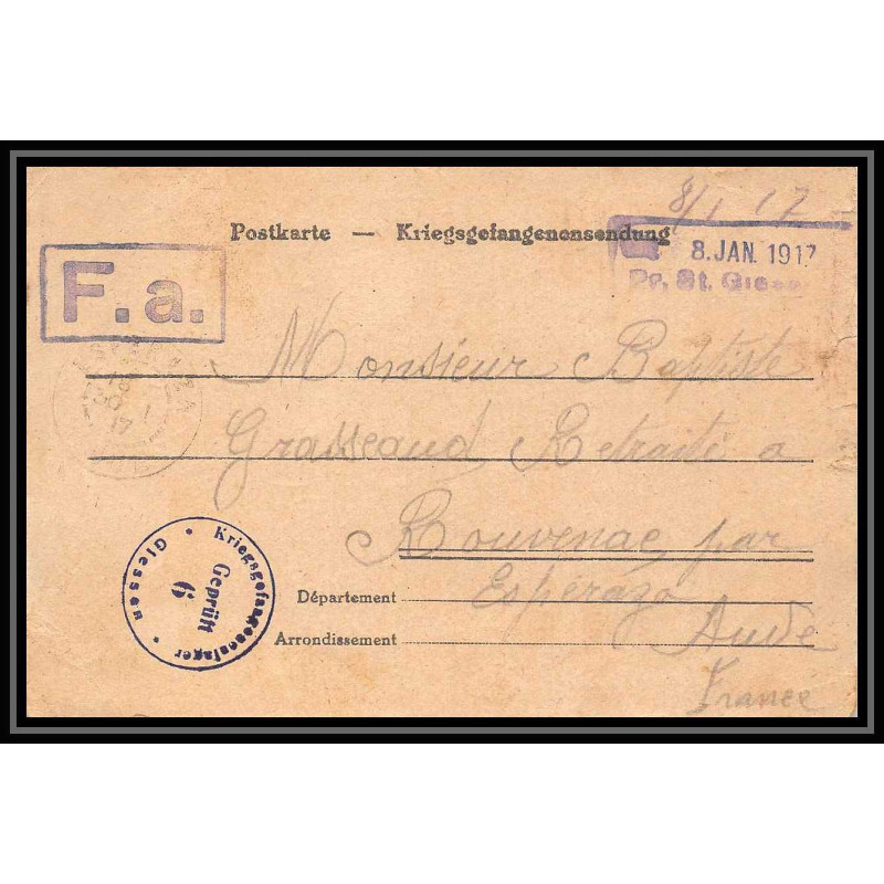 7033/ carte de Prisonnier de Guerre (War) 1914/1918 Kriegsgefangenen giessen pour Rouvenac Aude 1917 
