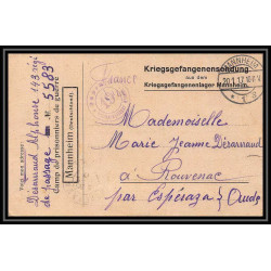 7036/ carte de Prisonnier de Guerre (War) 1914/1918 Kriegsgefangenen mannheim pour Rouvenac Aude 1917 