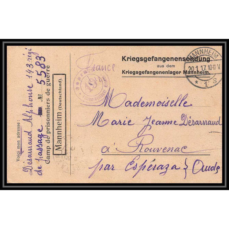 7036/ carte de Prisonnier de Guerre (War) 1914/1918 Kriegsgefangenen mannheim pour Rouvenac Aude 1917 