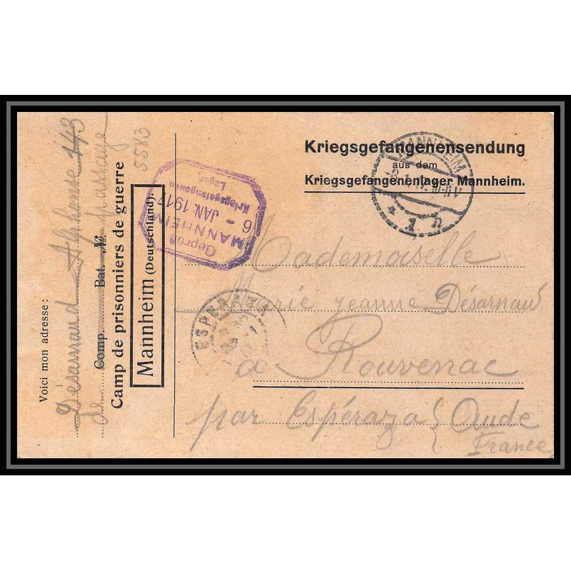 7037/ carte de Prisonnier de Guerre (War) 1914/1918 Kriegsgefangenen mannheim pour Rouvenac Aude 1916 
